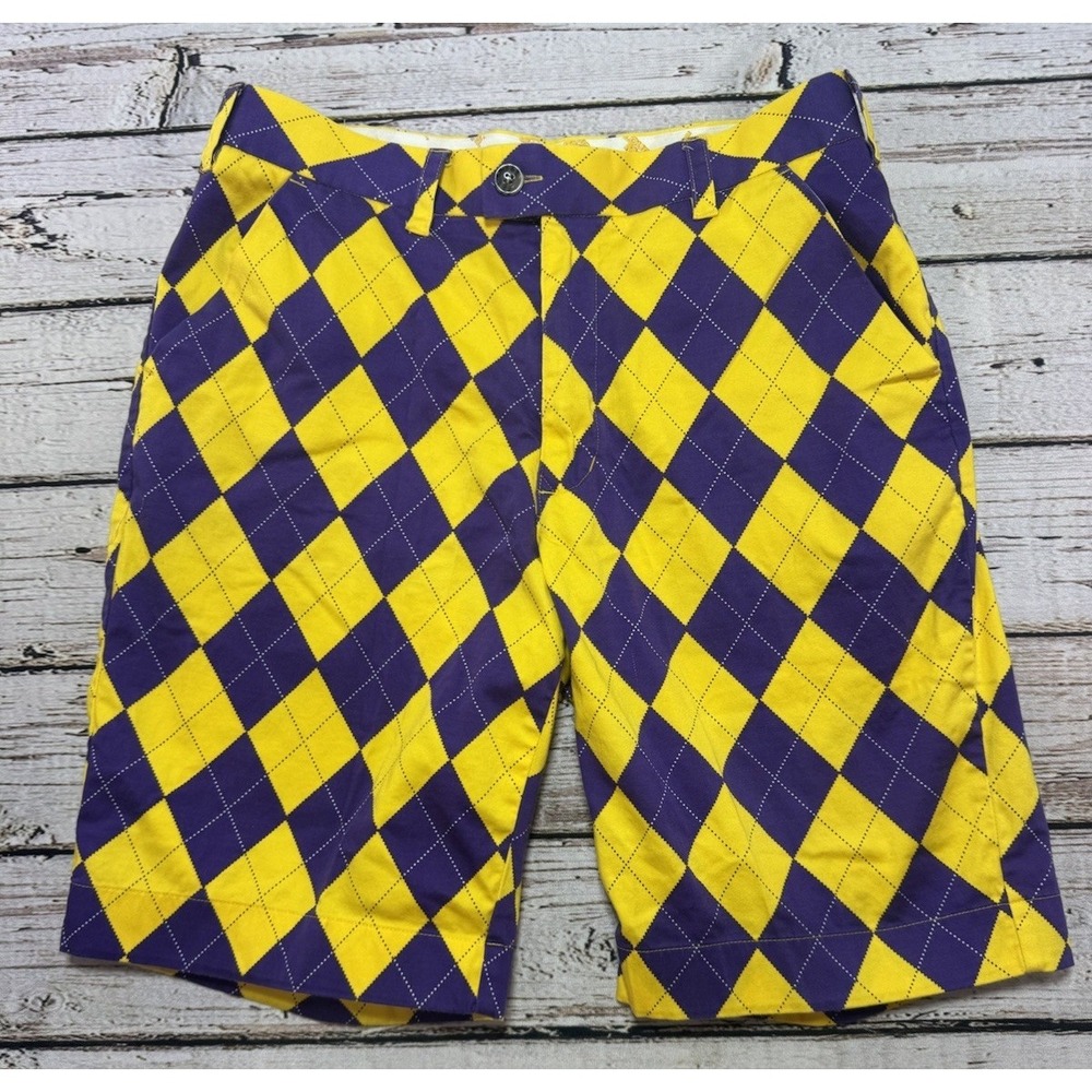 Loudmouth Shorts Mens 30 Argyle Golf 10" Chino Yellow Purple Diamond Golf